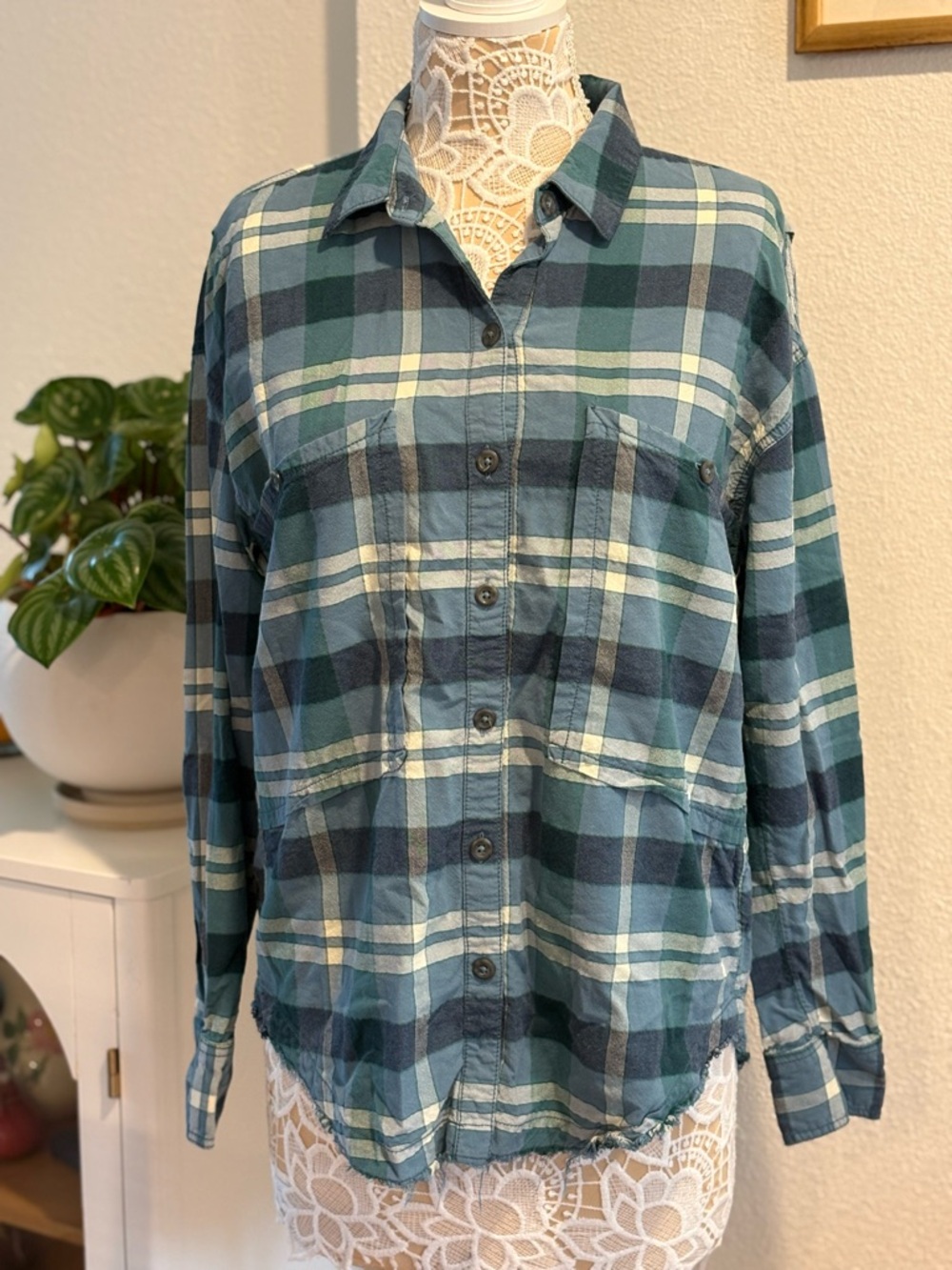 Free People Plaid Button Up with Raw Hem